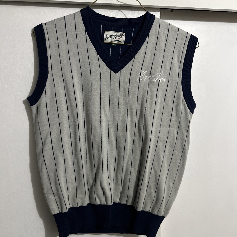 Bogey Boys men's Medium Striped Pull Over Sweater Vest Blue And Grey Stripes